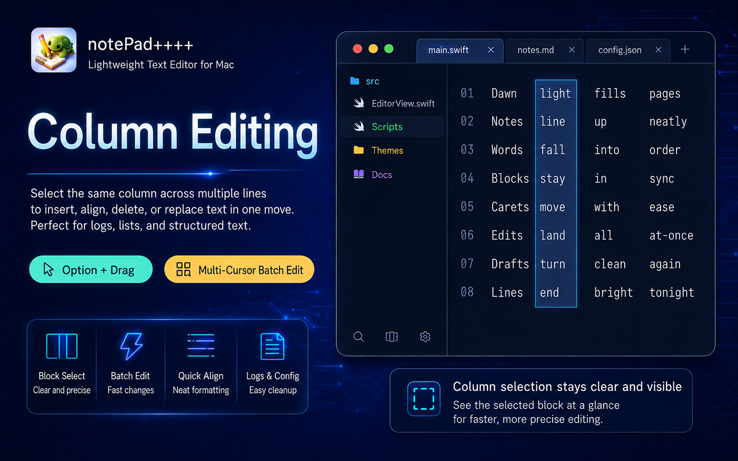 Column mode editing interface
