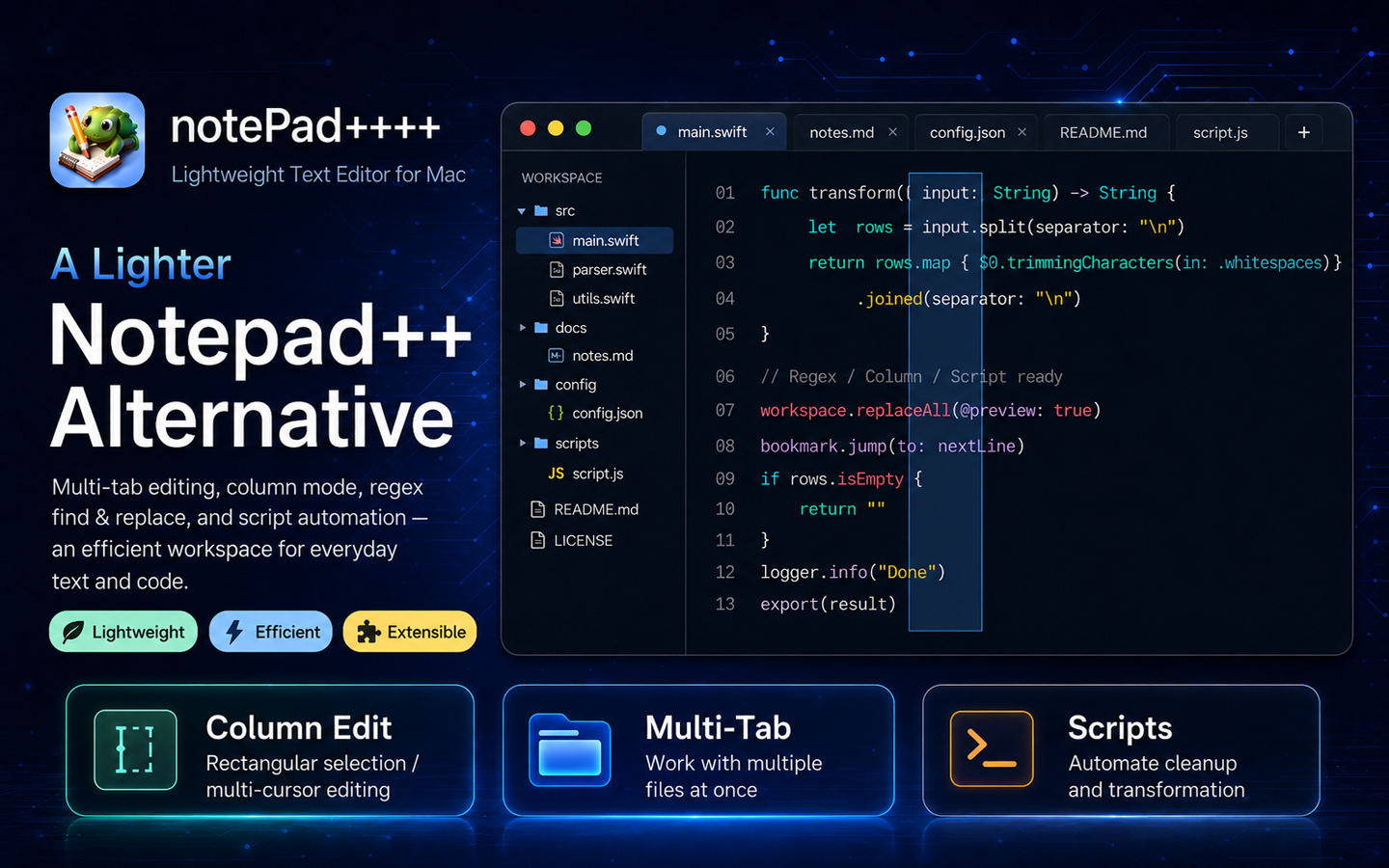 notePad++++ main editor interface on macOS
